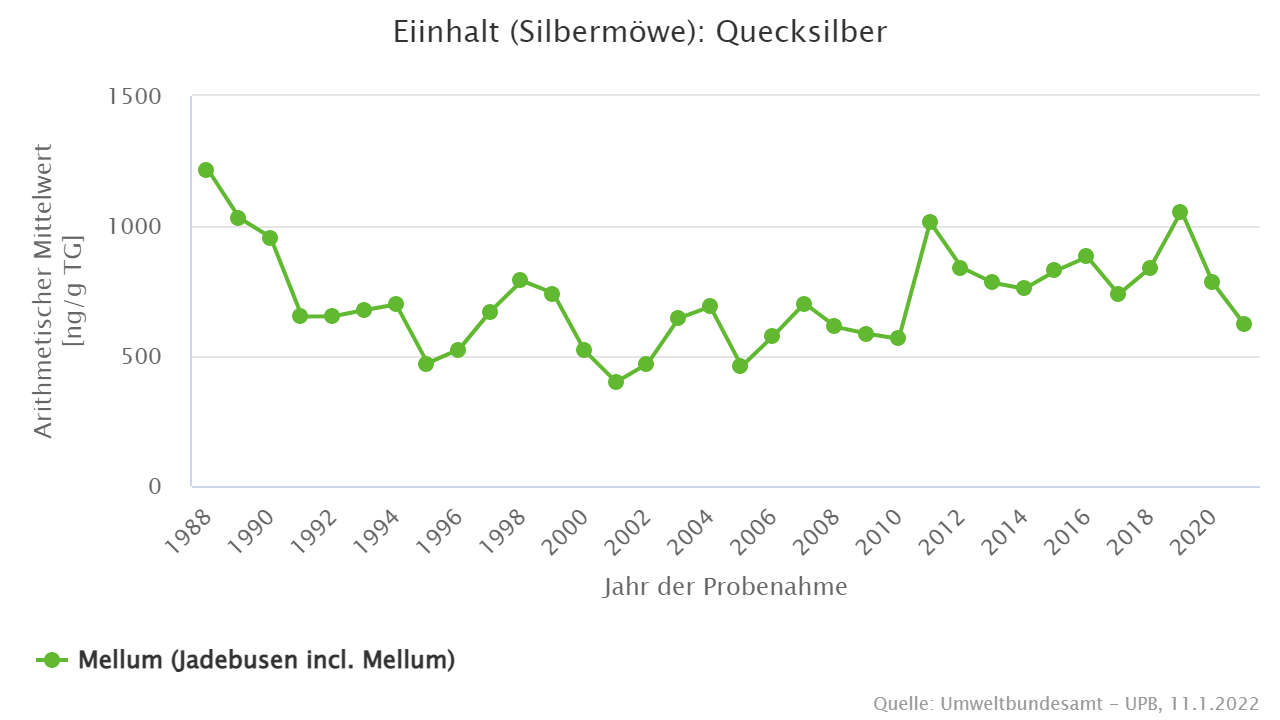 Quecksilber zeigt eine deutliche Zunahme im Nahrungsnetz (Biomagnifikation)